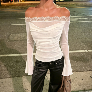 T-shirt blanc à épaules dénudées avec dentelle, froncé, en polyester respirant, à manches longues, coupe ajustée pour femme, idéal pour la plage, les fêtes ou les tenues décontractées - Product Image 4