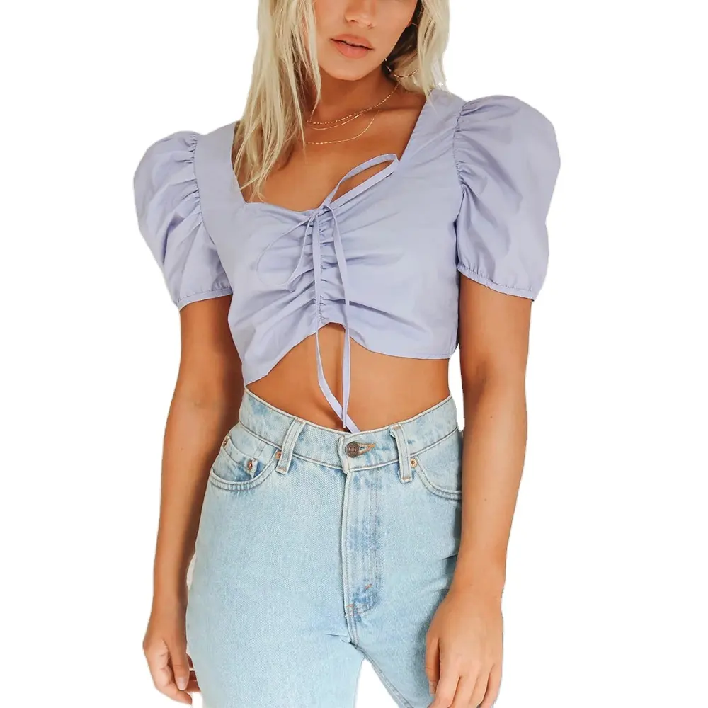 2022 cute blouse square collar short sleeve tie bow crop jacket woman tops bubble sleeves crop tops