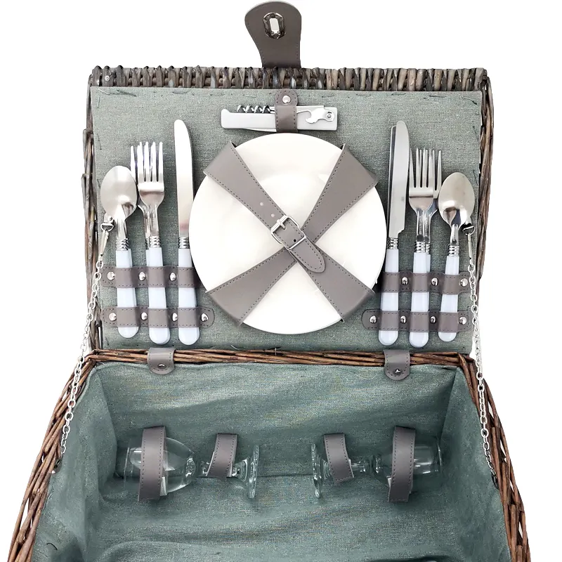 Taşınabilir piknik sepet seti Tote toptan piknik çantası 4 komple çatal bıçak kaşık seti kolları ile