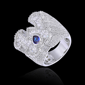 Hip-hop Blue Water Drop Gem <b>Letter</b> Ring, Full T-square Zircon Ring Jewelry - Product Image 1