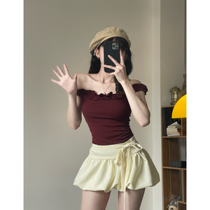 Blusa de Mujer con Hombros Descubiertos y Volantes MISOUL, Estilo Coreano, Ecológica, de Algodón Jersey Comprimido, Corte Ajustado con Busto Fruncido - Product Image 5