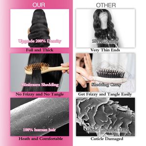 Pelucas de encaje frontal 13x6 de cabello humano virgen, pre-arrancadas, 200% de densidad, onda corporal, sin pegamento, frontal transparente, cabello de bebé, negro natural - Product Image 3