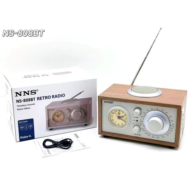 Retro Big Knob Radio Speaker - FM/AM/SW, WIRELESS BT, Wooden Case, Built-in Clock, USB/TF Playback, Portable ,NNS 808BT