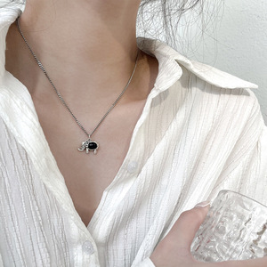 S925 Sterling Silver <b>Elephant</b> Necklace With Black Agate For Women Fashion Sweater Chain Vintage Animal Design <b>Gift</b> Jewelry - Product Image 2