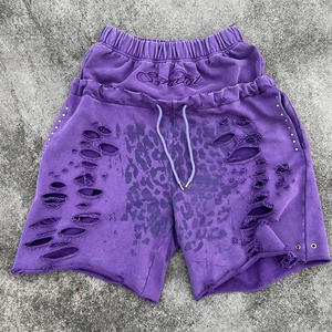 SEMETAL <span class=keywords><strong>Short</strong></span> de survêtement personnalisé imprimé, bords bruts, double taille, en molleton bouclette 100% coton, délavé à l'acide, pour homme - Product Image 3