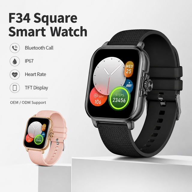 Custom Logo F34 Square TFT Smart Watch Calling IP67 Waterproof Heart Rate Blood Oxygen Fitness Watch