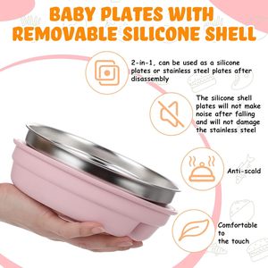 Plaques d'aspiration pour bébé en acier inoxydable avec coque en silicone amovible 2-en-1 bol en métal pour tout-petits divisé pour les enfants - Product Image 5