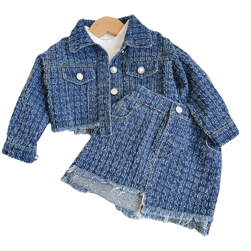ブティックスプリング2-8Yキッズガールズデニム服スーツ幼児ガールズジャケットとスカート衣装2点セット