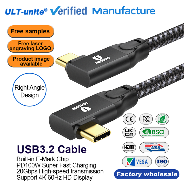 ULT-unite Wholesale 90 Degree Elbow USB3.2 Type-C Cable 1m-5m 20Gbps Data Transfer Braided Gold-plated Connectors for iPhone