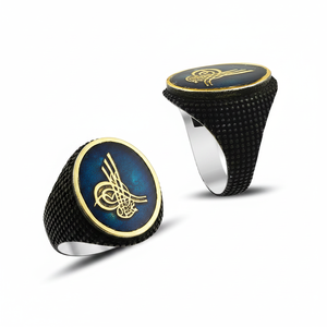 925 Sterling Silver Ottoman Tugra Men's <b>Ring</b> with Blue Enamel Art <b>Resizable</b> Diamond-Incorporated Engagement Anniversary Party - Product Image 2