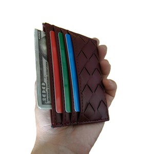 Tarjetero Minimalista Personalizado para Mujer, Cartera Delgada Color Borgoña, Tarjeteros de Cuero PU Tejido para Chicas, Fabricante de Tarjeteros de Lujo para Mujer - Product Image 6