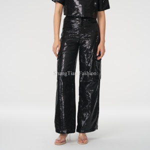<span class=keywords><strong>Pantalon</strong></span> large à paillettes taille haute pour femmes de haute qualité <span class=keywords><strong>pantalon</strong></span> ample à paillettes noires - Product Image 1