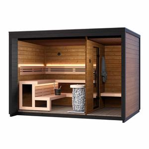 Sauna traditionnel carré en bois de pruche pour l'extérieur, villa pour 5 personnes, grandes fenêtres en verre, doubles bancs, toit en acier inoxydable, Harvia - Product Image 2