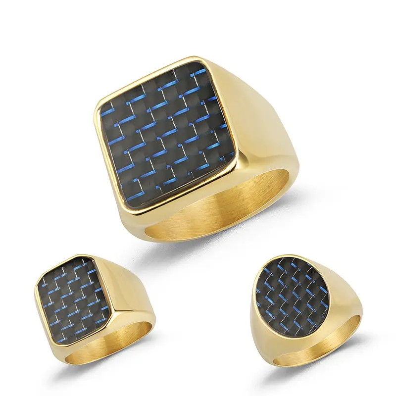 Wholesale new design men's gold stainless steel carbon fiber finger rings