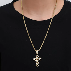 Bolt Cuban <b>Chain</b> <b>Cross</b> Pendant with Thorny Vines, Men's Hip Hop Copper Zircon Trendy Gift Necklace - Product Image 5