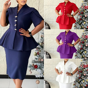 D3358 Último Diseño Vestidos <span class=keywords><strong>de</strong></span> Verano para Mujer Casual Elegante con Volantes Cuello en V Manga Corta Ajustado Vestido <span class=keywords><strong>de</strong></span> Oficina para Dama Africana - Product Image 2
