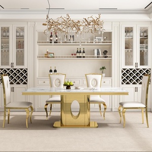 Hiện đại 70 ''hình chữ nhật màu trắng đá bàn ăn với Vàng nhân đôi kết thúc thân thiện với môi thiết kế Ergonomic cơ sở thép không gỉ - Product Image 2