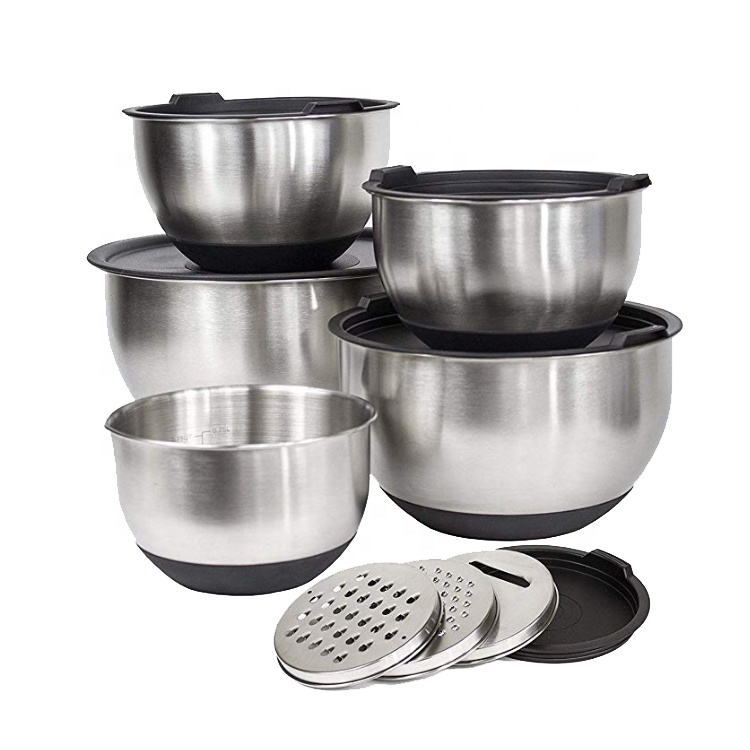 Dengan Harga Murah Bermutu Tinggi Set 5 Baking Pencampuran Salad Busur Stainless Steel Warna Non Slip Pe Tutup Salad Mangkuk dengan Parutan Tutup