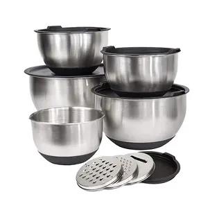 Cheap high-grade set of 5 baking mixing salad Bow stainless steel color non slip pe lid salad mixing bowl With Grater Lids
