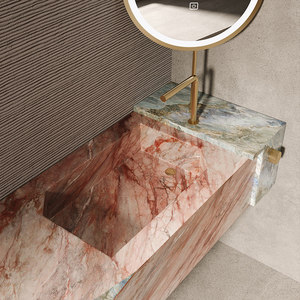 Villa luxury high-end customized luxury stone rock slab integrated seamless basin bathroom cabinet - Product Image 4