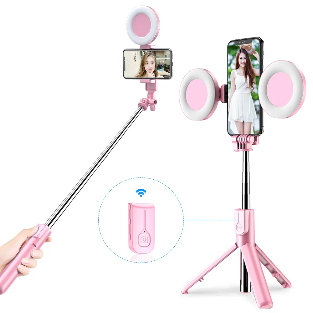 Anillo de luz LED inalámbrico 4 en 1 para Selfie, monopié de mano extensible, trípode en vivo para iPhone X 8, Android y smartp