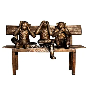 Profesyonel fabrika bahçe dekoru yaşam boyutu oturma tezgahı bronz üç maymun heykelleri
