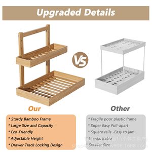 Wooden Double Layer Sliding Cabinet <b>Storage</b> Rack Under Sink Removable Organizer <b>For</b> <b>Kitchen</b> Bathroom - Product Image 5
