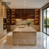 Meubles de cuisine de luxe italiens BEIMEI, finition brillante Cappuccino Crème, Noyer foncé, Bronze, Vitrine en verre, Fabrication sur mesure pour villa