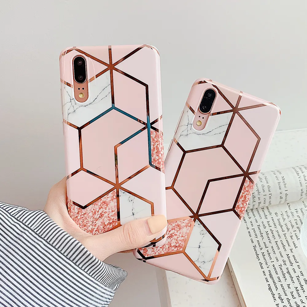 IMD Printed Gold Luxury Cell Phone Cover For iPhone 13 For Huawei Geometric Stripe Marble Phone Case