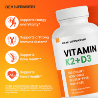 LIFEWORTH Vitamine D3 K2 (MK-7) Extra Forte pour Adultes - 10 000 UI D3 120 mcg K2 - Soutien Osseux et Cardiovasculaire - Formule Non-OGM - 120 Comprimés