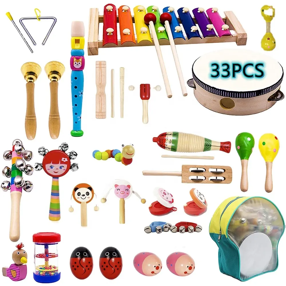 Alat Musik Anak, 33 Buah 20 Jenis Instrumen Kayu Tamborin Mainan Xylophone untuk Anak-anak, Mainan Pendidikan Prasekolah