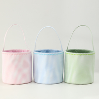 Panier de Pâques en gros pour la chasse aux œufs, avec bordure, pour cadeaux de tout-petits, à broder, en gingham rose