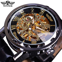 Montre mécanique de luxe pour hommes Winner Retro Classic Squelette Design avec aiguilles lumineuses étanches Bracelet en cuir Cadran en verre Fenêtre