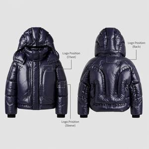 Veste matelassée à capuche pour homme, bleu marine, brillante, avec boutons pression, imperméable, coupe-vent, <span class=keywords><strong>doudoune</strong></span> <span class=keywords><strong>d</strong></span>'hiver, logo personnalisé OEM - Product Image 4