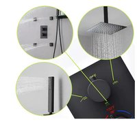Système de douche thermostatique encastré noir mat brossé, pommeau de douche de plafond en laiton de 12 pouces, jet de pluie massant, 4 jets doux pour le corps, double fonction