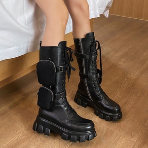 Bottes hautes pour femmes en cuir verni effet miroir, bout rond, plateforme, fermeture éclair latérale, talon épais, bottes longues pour femmes - Product Image 4