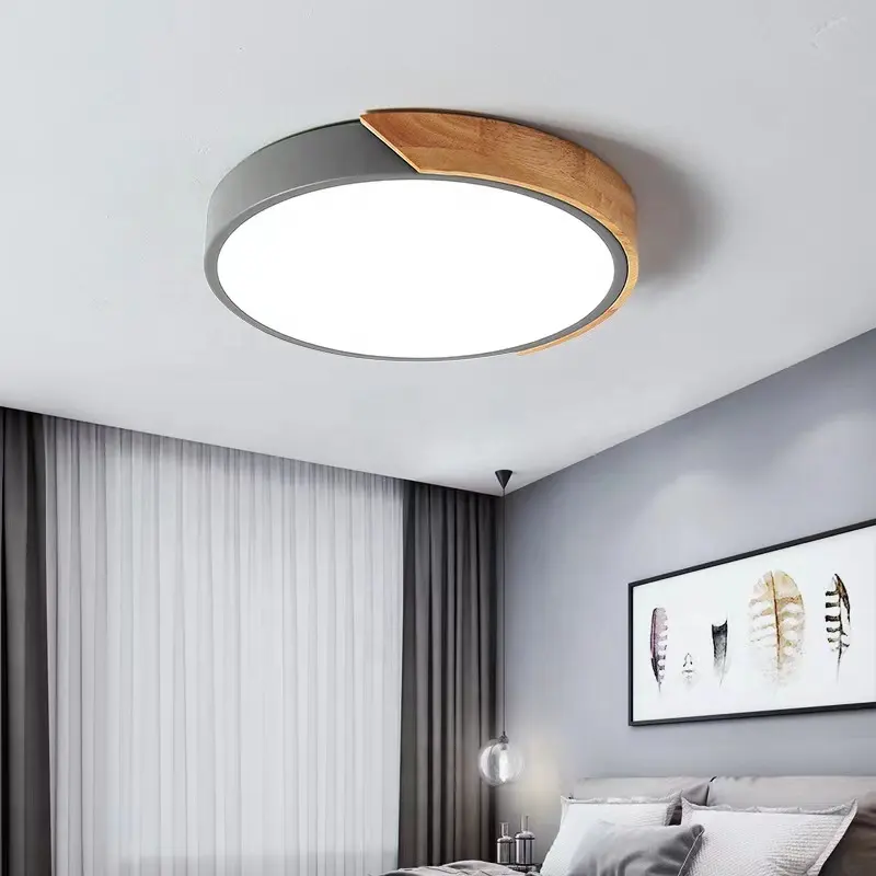 Wood ceiling light round livingroom led ceiling light flush mount fixture with remote control