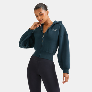 Custom Logo <strong>Cropped</strong> <strong>Zip</strong> <strong>up</strong> <strong>Hoodie</strong> Women Oversized Balloon Sleeve Ribbed Hem Heavyweight Fleece Gym Athletic <strong>Hoodie</strong> Wholesale OEM - Product Image 1