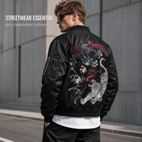 Blouson Bomber Unisexe Noir Brodé Dragon Tigre Coupe-Vent Hiver Col Montant Zippé Streetwear Style Aviateur Personnalisé OEM ODM Vente en Gros
