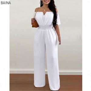 <b>Women</b> Slash Neck High Waist Wide Pants <b>Overalls</b> V-Neck Short Sleeve Summer Casual Jumpsuits - Product Image 2