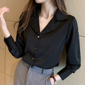 Noir femmes chemises Blouses 2025 chemisier féminin hauts à manches longues décontracté col rabattu <span class=keywords><strong>OL</strong></span> Style bureau dames chemise ample 8237 - Product Image 1