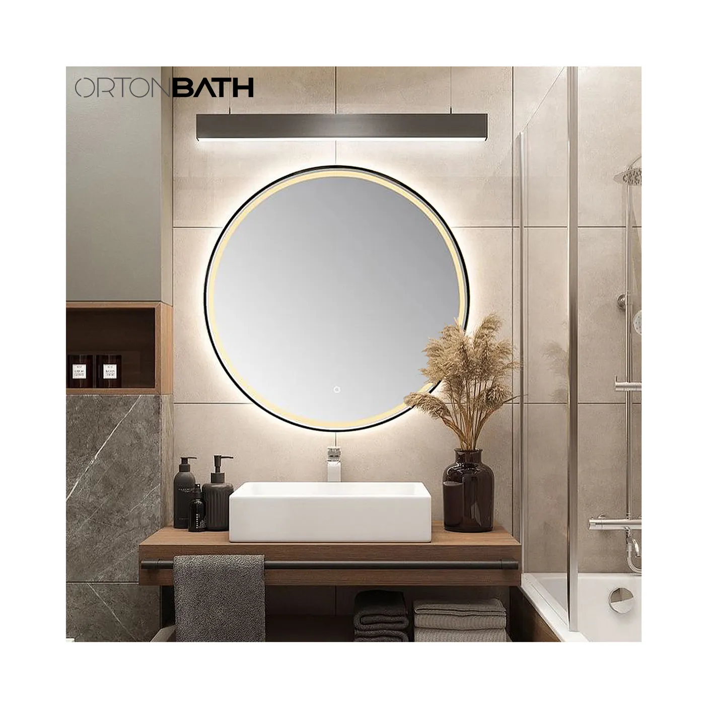 Specchio da bagno rotondo a LED ORTONBATH, specchi da toeletta illuminati da 32 pollici per parete, luci intelligenti a 3 colori