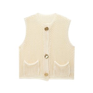 Womens Crochet Chunky Knit <strong>Sweater</strong> <strong>Vest</strong> Casual Sleeveless Button Down <strong>Vest</strong> Tops <strong>Cropped</strong> Cardigan <strong>Sweaters</strong> with Pockets Free Size - Product Image 4