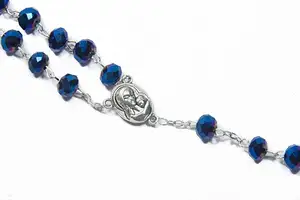 Perline di preghiera blu intenso croce di cristallo in rame antico rosario anglicano perla di cristallo pietra Mala collana di perle di preghiera esagonale