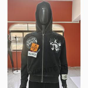 Sweat à capuche zippé délavé à l'acide vintage pour hommes Streetwear en coton épais avec broderie en détresse Patchwork col à capuche personnalisé - Product Image 3