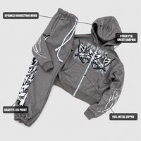 Ensemble de survêtement gris personnalisé pour homme, imprimé étoiles, deux pièces, sweat-shirt à capuche entièrement zippé en coton, pantalon de jogging à revers, streetwear