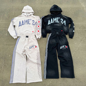 Ensemble de survêtement pour homme en molleton de coton épais, style streetwear Y2K grunge, imprimé vieilli, à rayures sur trois côtés, vente en gros personnalisée - Product Image 3