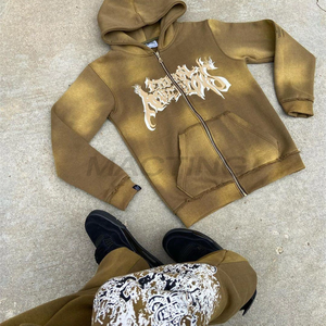 Conjunto de Sudadera con capucha de lavado ácido y cremallera desgastada vintage unisex para hombre de 100% algodón de gran tamaño con forro polar pesado y logotipo personalizado - Product Image 4