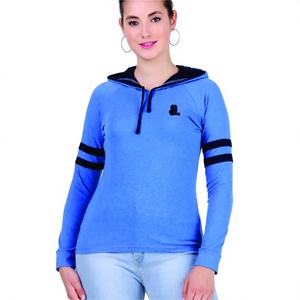 Camiseta de Manga Corta con Capucha Azul para Mujer, con Logotipo, Informal, Tejida, Lisa, Teñida, Transpirable para Verano - Product Image 1