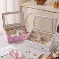 Organisateur de bijoux de luxe en cuir PU double couche avec serrure, fenêtre transparente, doublure en velours, portable pour bagues et colliers